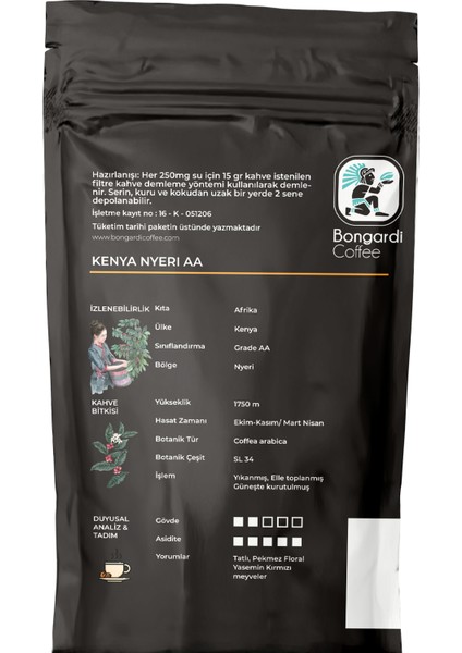 Bongardi Coffee  Kenya Yöresel Filtre Kahve 200 gr Öğütülmüş