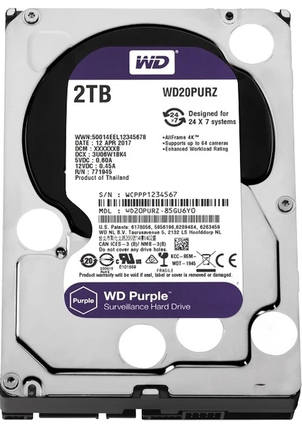 2TB Purple 3.5" 64MB 5400RPM WD20PURZ Harddisk