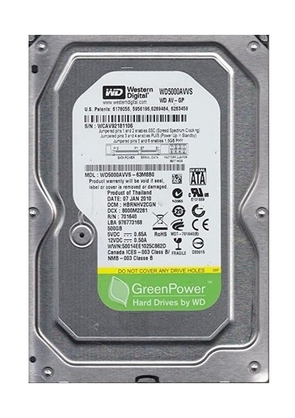 500GB 7200RPM 32MB 3.5 Sabit Disk (WD5000AVVS-63 M8B0)