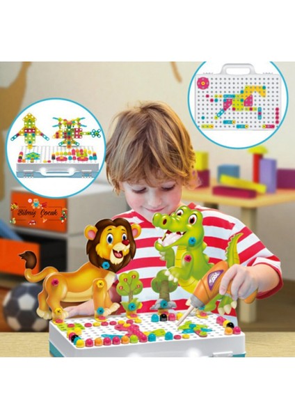 Matkaplı Vidalama ve 3D Yaratıcı Mozaik Puzzle Hayvanlı 340 Parça Montesorri Yapı Oyunu