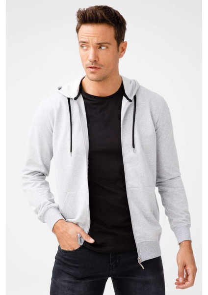 Erkek A.Gri Modernfit / Ekstra Dar Kalıp Kapşonlu Fermuarlı Sweatshirt