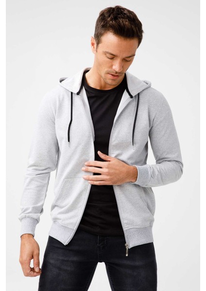 Erkek A.Gri Modernfit / Ekstra Dar Kalıp Kapşonlu Fermuarlı Sweatshirt fiyatları