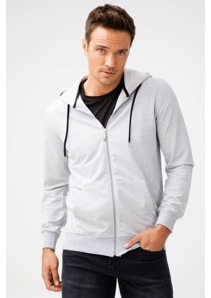 Erkek A.Gri Modernfit / Ekstra Dar Kalıp Kapşonlu Fermuarlı Sweatshirt modelleri