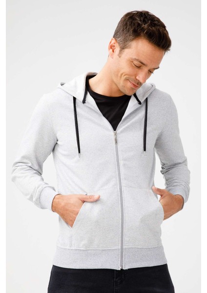 Erkek A.Gri Modernfit / Ekstra Dar Kalıp Kapşonlu Fermuarlı Sweatshirt fırsatları