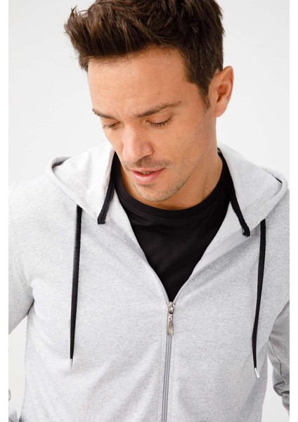 Erkek A.Gri Modernfit / Ekstra Dar Kalıp Kapşonlu Fermuarlı Sweatshirt indirimleri