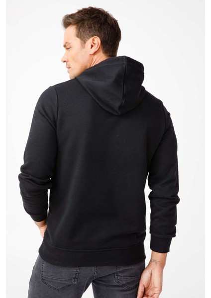 Erkek Siyah Modernfit / Ekstra Dar Kalıp Kapşonlu Fermuarsız Sweatshirt fiyatları