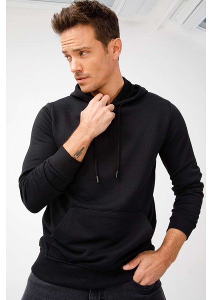 Erkek Siyah Modernfit / Ekstra Dar Kalıp Kapşonlu Fermuarsız Sweatshirt
