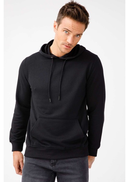 Erkek Siyah Modernfit / Ekstra Dar Kalıp Kapşonlu Fermuarsız Sweatshirt modelleri