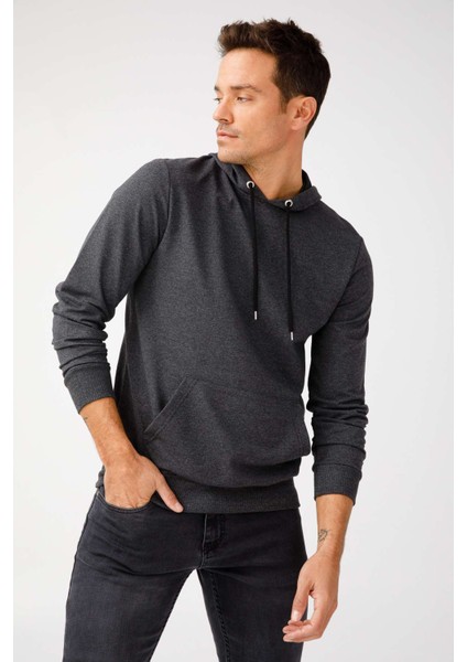 Erkek Antrasit Modernfit / Ekstra Dar Kalıp Kapşonlu Fermuarsız Sweatshirt modelleri