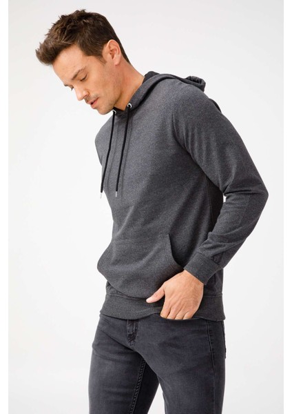 Erkek Antrasit Modernfit / Ekstra Dar Kalıp Kapşonlu Fermuarsız Sweatshirt fırsatları