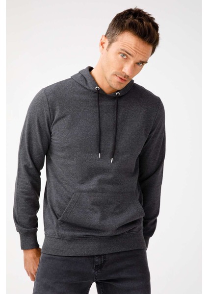 Erkek Antrasit Modernfit / Ekstra Dar Kalıp Kapşonlu Fermuarsız Sweatshirt indirimleri