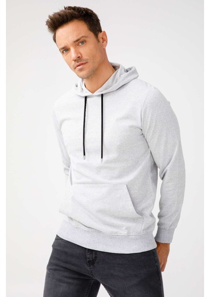 Erkek A.Gri Modernfit / Ekstra Dar Kalıp Kapşonlu Fermuarsız Sweatshirt fiyatları
