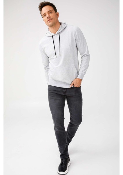 Erkek A.Gri Modernfit / Ekstra Dar Kalıp Kapşonlu Fermuarsız Sweatshirt fırsatları