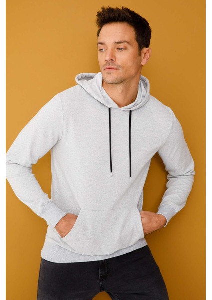 Erkek A.Gri Modernfit / Ekstra Dar Kalıp Kapşonlu Fermuarsız Sweatshirt indirimleri