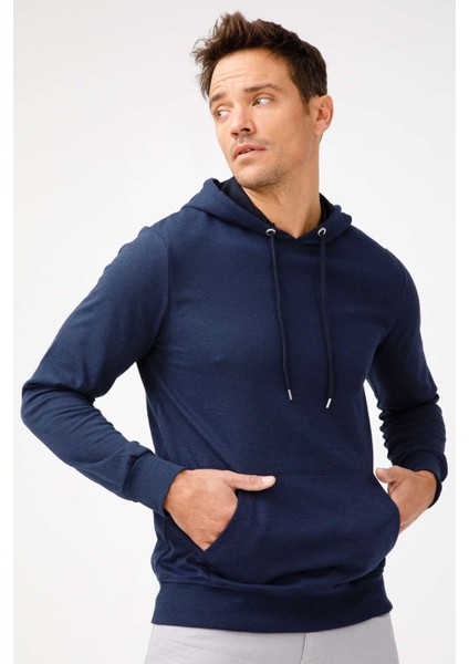Erkek Lacivert Modernfit / Ekstra Dar Kalıp Kapşonlu Fermuarsız Sweatshirt