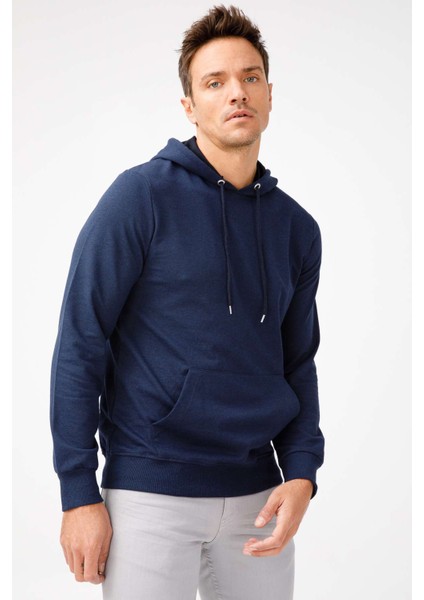 Erkek Lacivert Modernfit / Ekstra Dar Kalıp Kapşonlu Fermuarsız Sweatshirt indirimleri