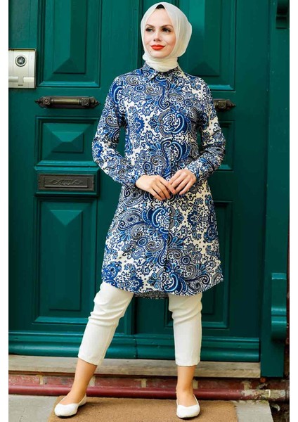 Neva Style - Desenli Indigo Mavisi Tesettür Tunik 11524IM