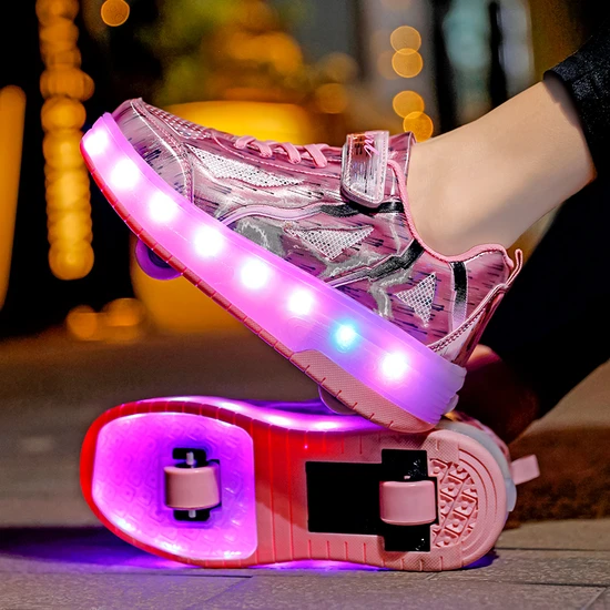 Sitong 4 LED Renk Açık Pembe Paten Kadın Ayakkabı Çocuk Ayakkabı USB Şarj (Yurt Dışından)