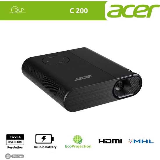 Acer C200 LED WVGA 200 lm HDMI/MHL 2,000:1 Mini Opsiyonel Kablosuz Bataryalı Projeksiyon Cihazı MR.JQC11.001