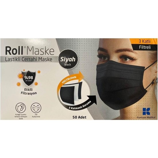 Roll Maske 3 Katlı Lastikli Siyah Cerrahi Maske