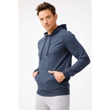 İGS Erkek Indigo Modernfit / Dar Kalıp Kapşonlu Fermuarsız Sweatshirt