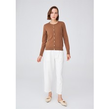 Peraluna Pamuklu Bisiklet Yaka Basic Kadın Triko Hırka Kamel