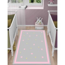 STY Home Yıldız Gri Çocuk Kaymaz Tabanlı Makinede Yıkanabilir Halı Kilim Yolluk Pembe