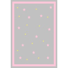 STY Home Yıldız Gri Çocuk Kaymaz Tabanlı Makinede Yıkanabilir Halı Kilim Yolluk Pembe