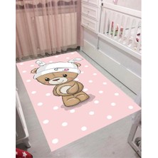 STY Home Ayıcık Çocuk Kaymaz Tabanlı Makinede Yıkanabilir Halı Kilim Yolluk Pembe