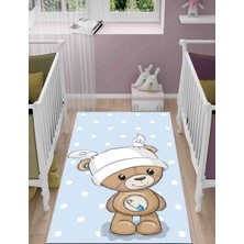 STY Home Ayıcık Çocuk Kaymaz Tabanlı Makinede Yıkanabilir Halı Kilim Yolluk Mavi