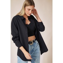 Candybia Kadın Siyah Oversize Uzun Basic Gömlek