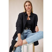 Candybia Kadın Siyah Oversize Uzun Basic Gömlek