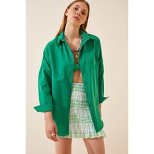 Candybia Kadın Koyu Yeşil Oversize Uzun Basic Gömlek