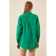 Candybia Kadın Koyu Yeşil Oversize Uzun Basic Gömlek