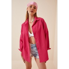 Candybia Kadın Koyu Pembe Oversize Uzun Basic Gömlek