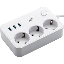 MF Product Jettpower 0370 Akım Korumalı 3 USB'li 3'lü Grup Priz 2 m Uzatma Kablosu Beyaz