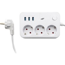 MF Product Jettpower 0370 Akım Korumalı 3 USB'li 3'lü Grup Priz 2 m Uzatma Kablosu Beyaz