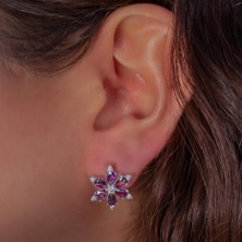 Takıhan Lotus Çiçeği Tasarımlı Mor ve Beyaz Zirkon Taşlı  925 Ayar Gümüş Küpe