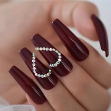 Eda Luxury Beauty Koyu Kırmızı Bordo Takma Tırnak Lüks 3D Kristal Taşlı Desenli Extra Uzun Kare Ballerina Nail Art