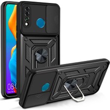 Fibaks Huawei P30 Lite Uyumlu Kılıf Kamera Korumalı Sürgülü Yüzüklü Armor Military Tank Zırh