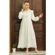 Neva Style - Kol Ucu Lastikli Ekru Tesettür Elbise 1073E