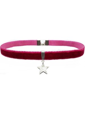 BijuStore Fuşya Renk Kadife Yıldız Choker Kadın Tasma Kolye