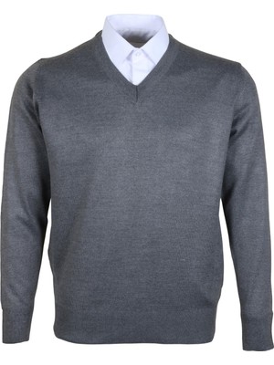 Modarar Erkek Yünlü Kazak V Yaka Normal Klasik Kesim Gri RAR00374