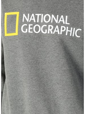 National Geographic Reno Bisiklet Yaka Baskılı Gri Melanj Erkek Sweatshirt
