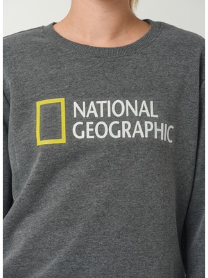 National Geographic Bisiklet Yaka Standart Kalıp Baskılı Gri Melanj Kadın Sweatshirt - W-Reno