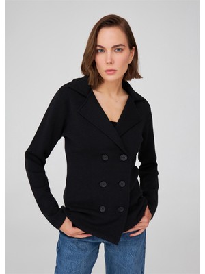 Peraluna Çelik Örgü Klasik Kesim Blazer Kadın Triko Ceket Siyah