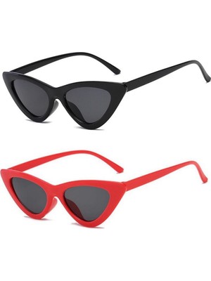 herkesetoptantic 2'li Cat Eye Retro Güneş Gözlüğü (Siyah - Kırmızı)