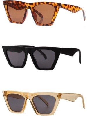 herkesetoptantic 3'lü Cat Eye Dörtgen Güneş Gözlüğü (Leopar - Siyah - Şeffaf Konyak)