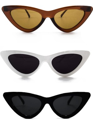 herkesetoptantic 3'lü Cat Eye Retro Güneş Gözlüğü (Şeffaf Kahverengi - Beyaz - Siyah)
