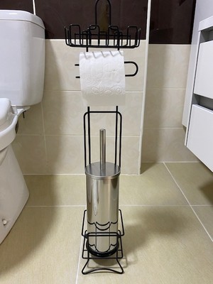 Renk Yapı Metal Siyah Yedekli Wc Banyo Duş Tuvalet Kağıtlık Kare Kağıtlığı + Wc Fırçalı 2'li Set